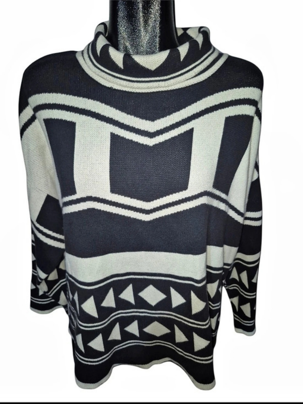 Shannon Passero Black & White Geometric Print Relaxed Fit Turtleneck Sweater O/S